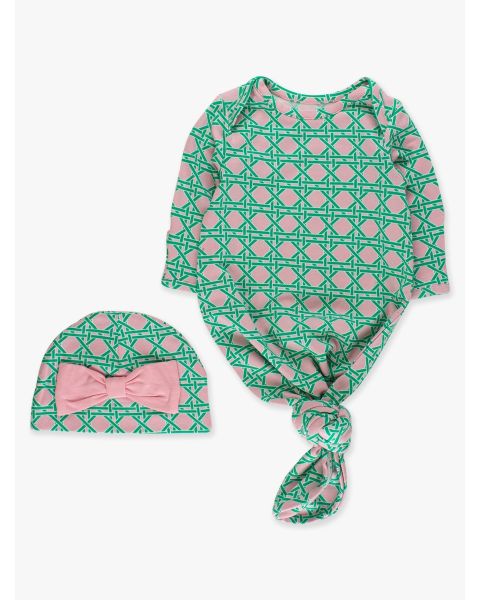 Pink Coastal Cane Ruffle Knotted Sleep Gown & Hat Set, Modal Blend