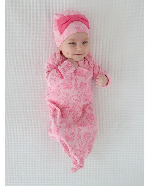 Pink Cottontail Toile Ruffle Knotted Sleep Gown & Hat Set, Modal Blend