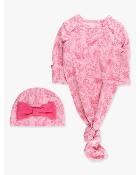 Pink Cottontail Toile Ruffle Knotted Sleep Gown & Hat Set, Modal Blend