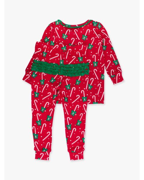 Christmas Candy Cane Print Pocket Ruffle Pajama Set main image 0
