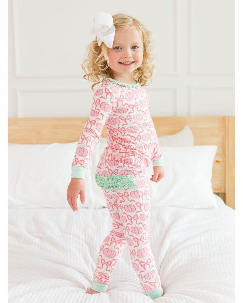 Pink Fairytale Pumpkins Ruffle Long Sleeve Pajama Set, Bamboo Viscose
