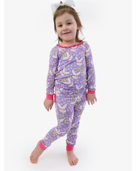 Purple Sunny Bunnies Ruffle Long Sleeve Pajama Set, Bamboo Viscose