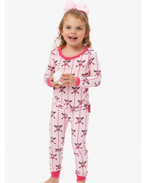 Pink Batter Up Ruffle Long Sleeve Pajama Set, Bamboo Viscose