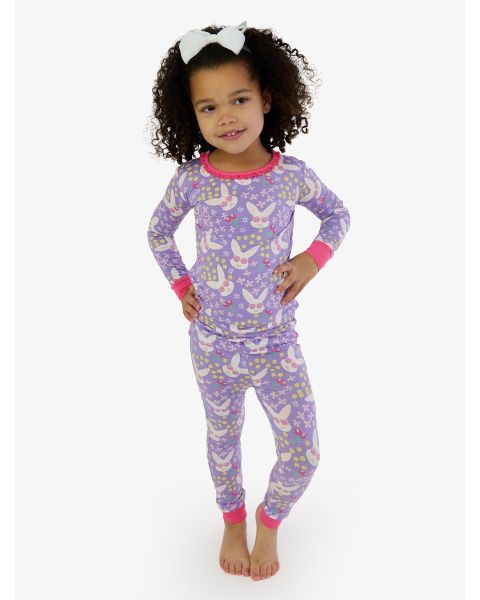 Purple Sunny Bunnies Ruffle Long Sleeve Pajama Set, Bamboo Viscose