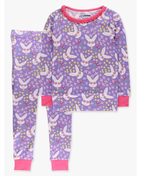 Purple Sunny Bunnies Ruffle Long Sleeve Pajama Set, Bamboo Viscose