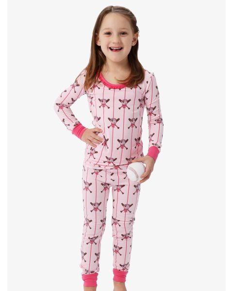 Pink Batter Up Girls Ruffle Long Sleeve Pajama Set, Bamboo Viscose