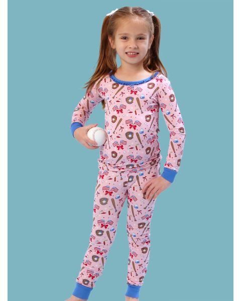 Pink Stars & Strikes Girls Ruffle Long Sleeve Pajama Set, Bamboo Viscose