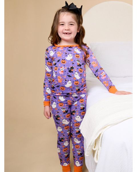 Boo-tiful Kittens Ruffle Long Sleeve Pajama Set, Bamboo Viscose