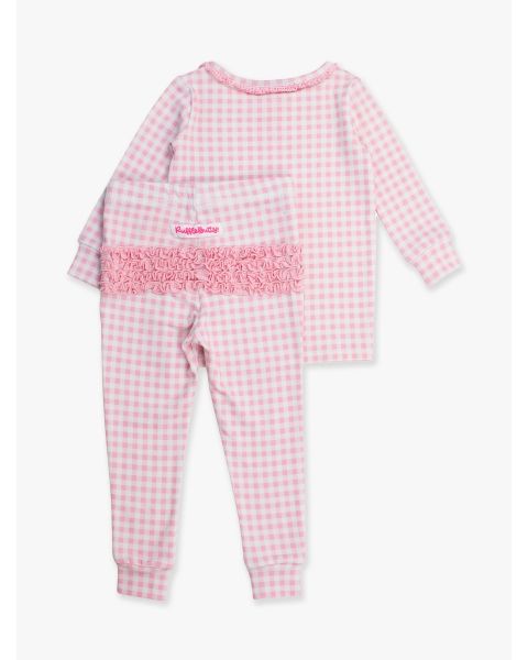 Pink Gingham Ruffle Long Sleeve Pajama Set, Modal Blend