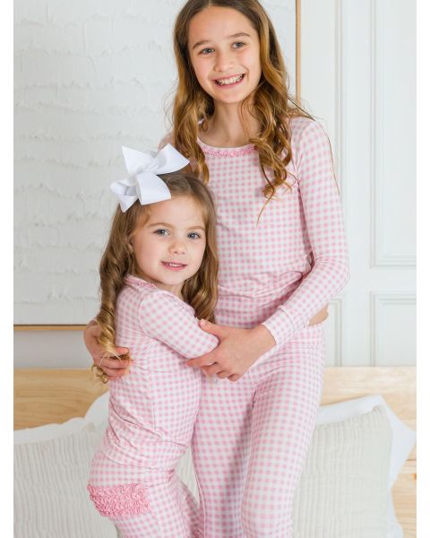 Pink Gingham Ruffle Long Sleeve Pajama Set, Modal Blend