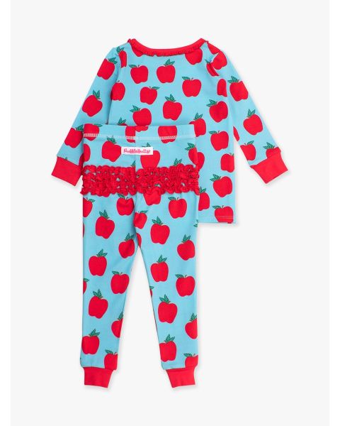 Blue Apple of My Eye Ruffle Long Sleeve Pajama Set, Modal Blend
