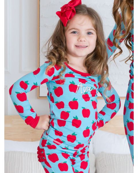 Blue Apple of My Eye Ruffle Long Sleeve Pajama Set, Modal Blend