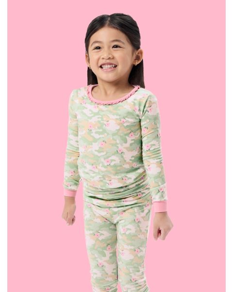 Sage Blossom Camo Toddler Ruffle Long Sleeve Pajama Set, Modal Blend