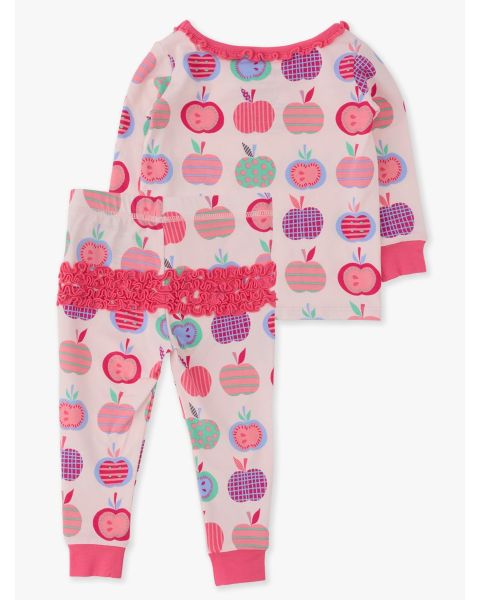 Pink Apple Patch Ruffle Long Sleeve Pajama Set, Modal Blend