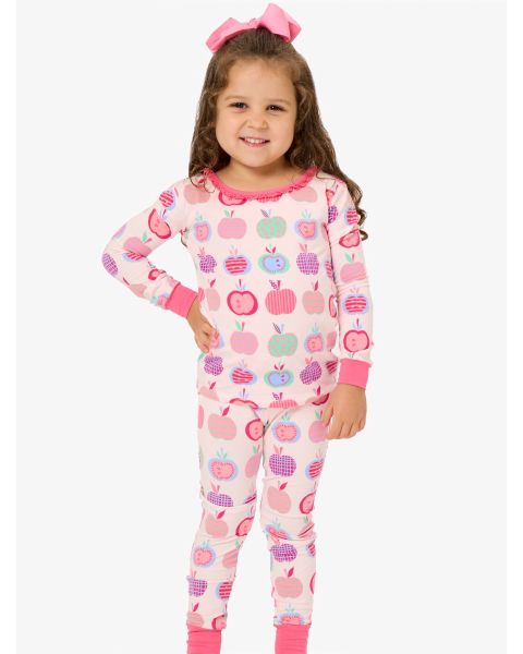 Pink Apple Patch Ruffle Long Sleeve Pajama Set, Modal Blend