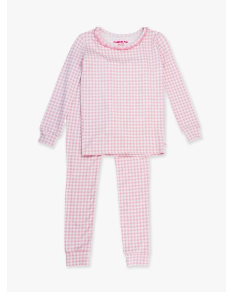 Pink Gingham Ruffle Long Sleeve Pajama Set, Modal Blend