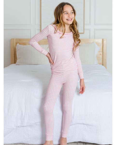 Pink Gingham Ruffle Long Sleeve Pajama Set, Modal Blend