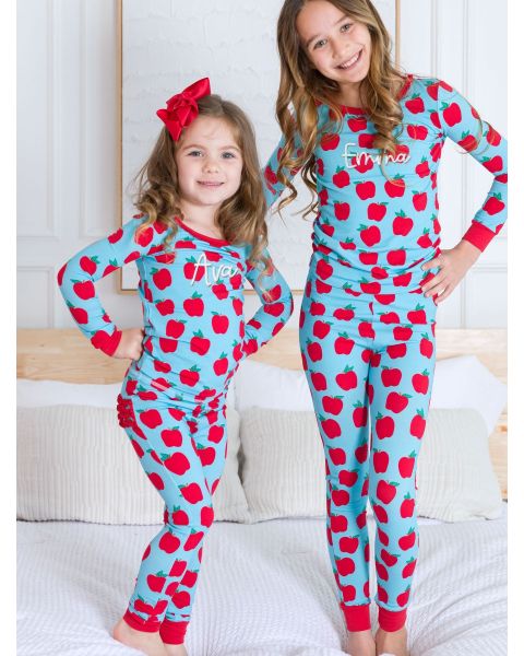 Blue Apple of My Eye Girls Long Sleeve Pajama Set, Modal Blend