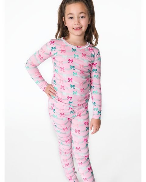 Sparkle Pink Tinsel Tidings Ruffle Long Sleeve Pajama Set, Modal Blend