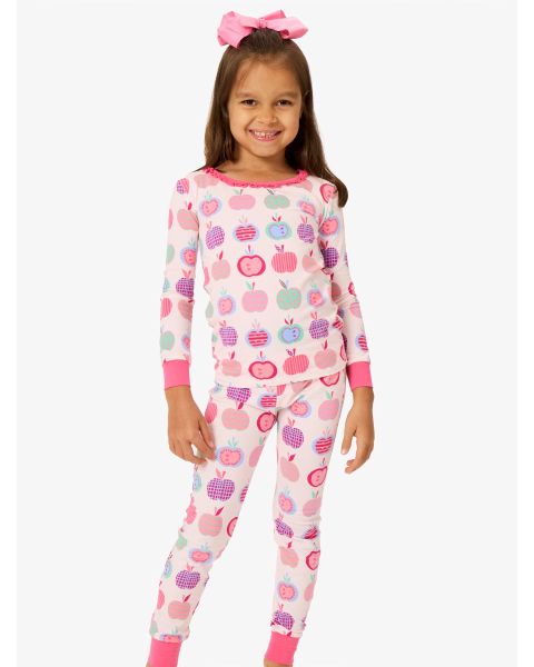 Pink Apple Patch Ruffle Long Sleeve Pajama Set, Modal Blend