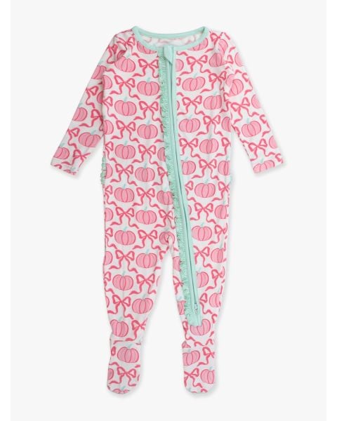 Pink Fairytale Pumpkins Ruffle One Piece Footie Pajama, Bamboo Viscose