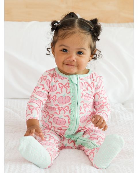 Pink Fairytale Pumpkins Ruffle One Piece Footie Pajama, Bamboo Viscose