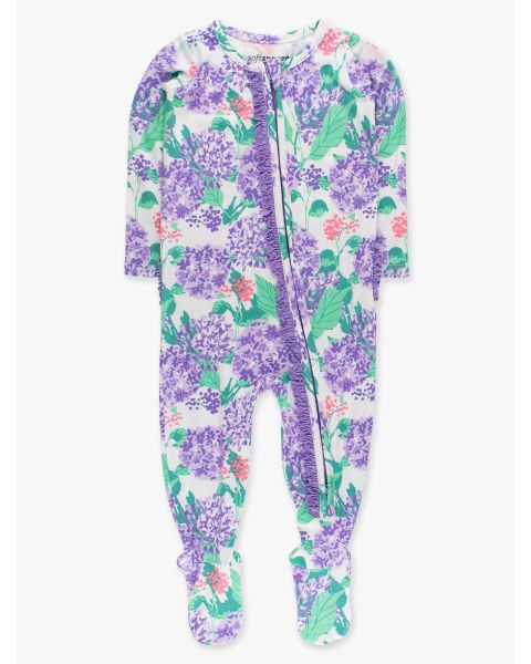 Purple Hydrangea Garden Ruffle One Piece Footie Pajamas, Bamboo Viscose