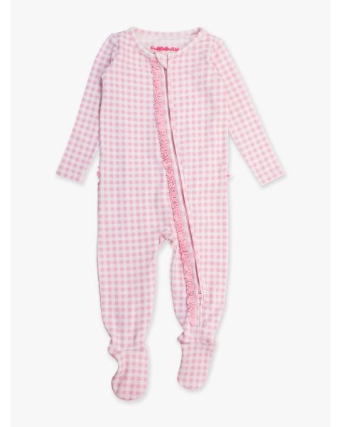 Pink Gingham Ruffle One Piece Footie Pajamas, Modal Blend