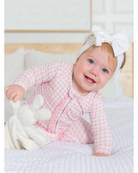 Pink Gingham Ruffle One Piece Footie Pajamas, Modal Blend