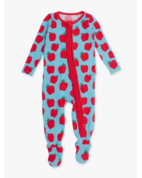 Blue Apple of My Eye Ruffle One Piece Footie Pajamas, Modal Blend
