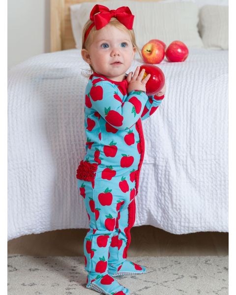 Blue Apple of My Eye Ruffle One Piece Footie Pajamas, Modal Blend
