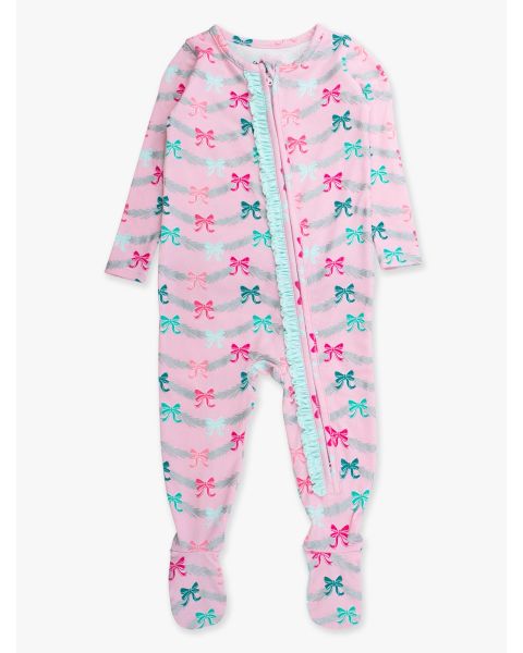 Sparkle Pink Tinsel Tidings Ruffle One Piece Footie Pajamas, Modal Blend