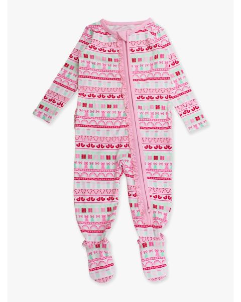Pinkmas Fair Isle Ruffle One Piece Footie Pajamas, Modal Blend