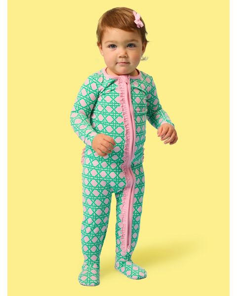 Pink Coastal Cane Ruffle One Piece Footie Pajamas, Modal Blend