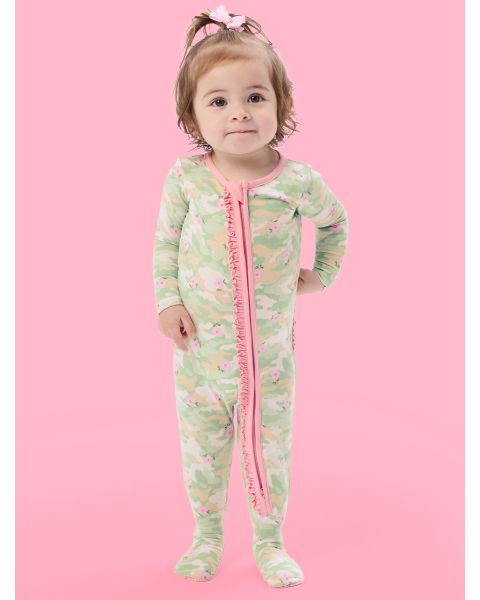 Sage Blossom Camo Ruffle One Piece Footie Pajamas, Modal Blend