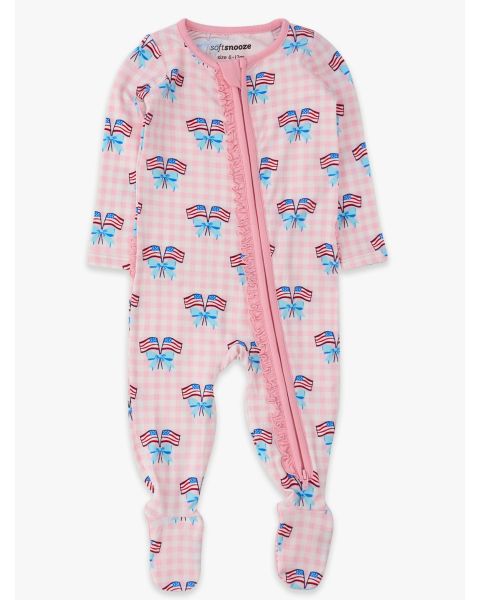 Pink Patriotic Gingham Ruffle One Piece Footie Pajamas, Modal Blend
