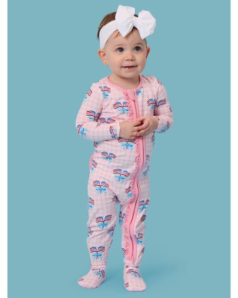 Pink Patriotic Gingham Ruffle One Piece Footie Pajamas, Modal Blend