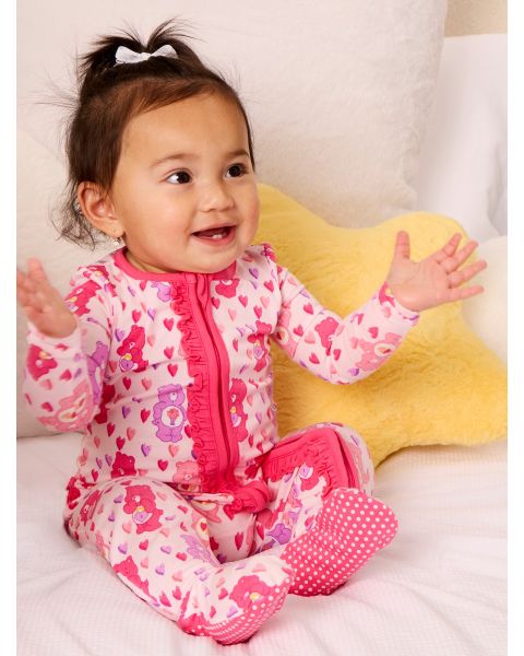 Pink Heart Care Bears Ruffle One Piece Footie Pajamas, Modal Blend