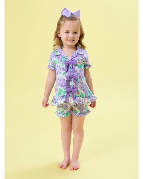 Purple Hydrangea Garden Short Sleeve Bow Ruffle Pajama Set
