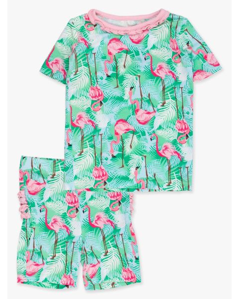 Green Vibrant Flamingo Ruffle Short Sleeve Pajama Set, Bamboo Viscose