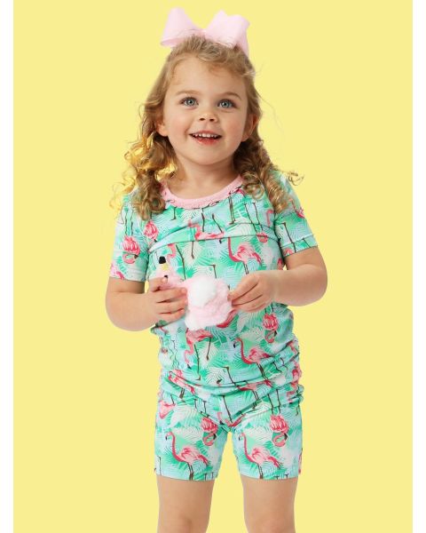 Green Vibrant Flamingo Ruffle Short Sleeve Pajama Set, Bamboo Viscose