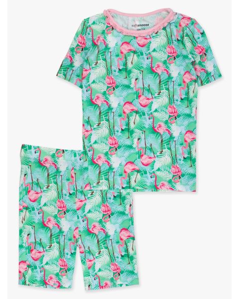 Green Vibrant Flamingo Girls Ruffle Short Sleeve Pajama Set, Bamboo Viscose