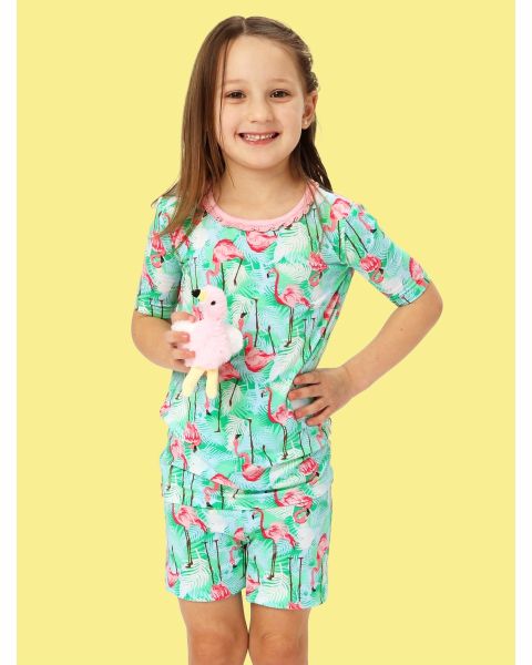 Green Vibrant Flamingo Girls Ruffle Short Sleeve Pajama Set, Bamboo Viscose