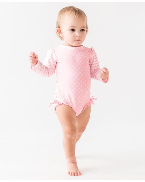 Pink Polka Dot Long Sleeve One Piece Rash Guard
