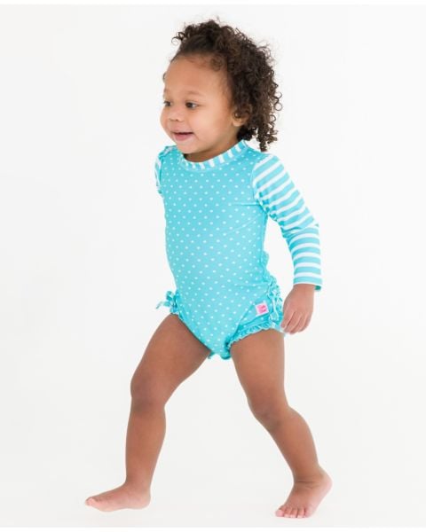 Bright Aqua Heart Polka Dot Long Sleeve One Piece Rash Guard