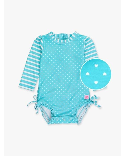 Bright Aqua Heart Polka Dot Long Sleeve One Piece Rash Guard