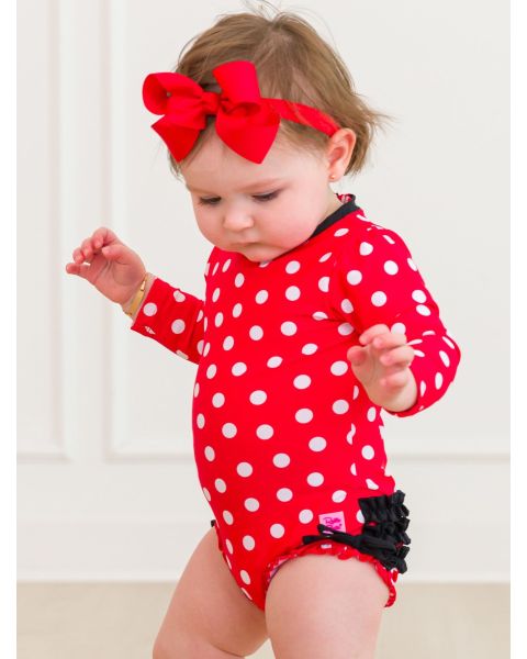 Red Vintage Polka Dot Long Sleeve One Piece Rash Guard