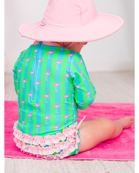 Neon Flamingo Stripe Long Sleeve One Piece Rash Guard