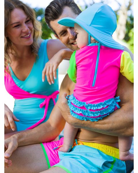 Neon Color Block Long Sleeve One Piece Rash Guard