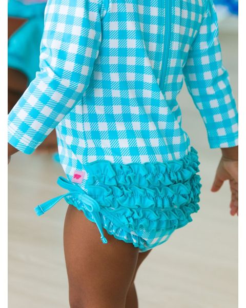 Bright Aqua Gingham Long Sleeve One Piece Rash Guard
